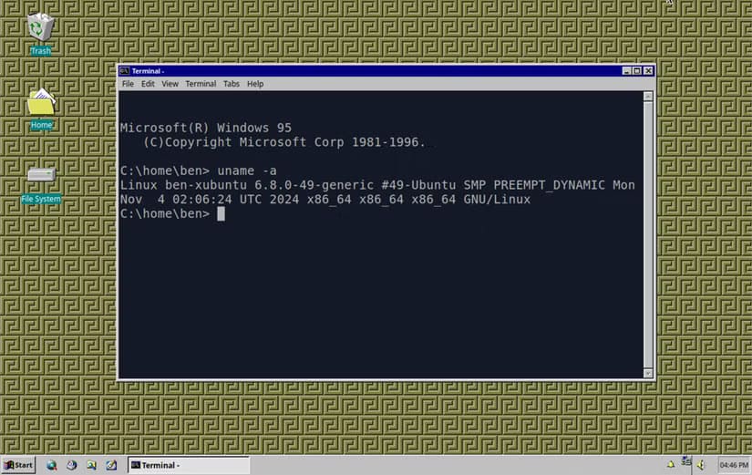 chicago95-terminal-uname كيف يتيح لك ثيم Linux الجديد تجربة واجهة Windows 95 في 2025