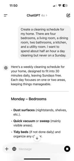 cleaning-schedule-response-part-one-in-chatgpt-app-on-iphone كيفية الاستفادة من روبوتات الدردشة الذكية لتنظيم رحلاتك والتسوق وإدارة المهام اليومية