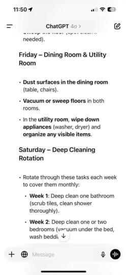 cleaning-schedule-response-part-three-in-chatgpt-app-on-iphone كيفية الاستفادة من روبوتات الدردشة الذكية لتنظيم رحلاتك والتسوق وإدارة المهام اليومية