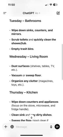 cleaning-schedule-response-part-two-in-chatgpt-app-on-iphone كيفية الاستفادة من روبوتات الدردشة الذكية لتنظيم رحلاتك والتسوق وإدارة المهام اليومية