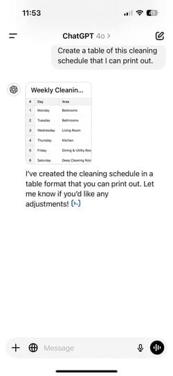 cleaning-schedule-table-generated-in-chatgpt-app-on-iphone كيفية الاستفادة من روبوتات الدردشة الذكية لتنظيم رحلاتك والتسوق وإدارة المهام اليومية