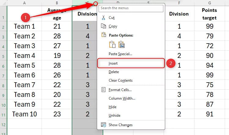 column-c-in-an-excel-sheet-is-selected-and-insert-in-right-click-menu-is-highlighted حيل مفيدة في Microsoft Excel تسهل عليك العمل
