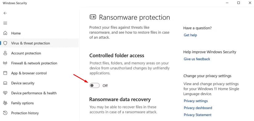 controlled-folder-access-toggle-in-the-windows-secuirty-app طريقة استخدام ميزة الوصول المُتحكم إلى المجلد في Windows 11 لحماية بياناتك