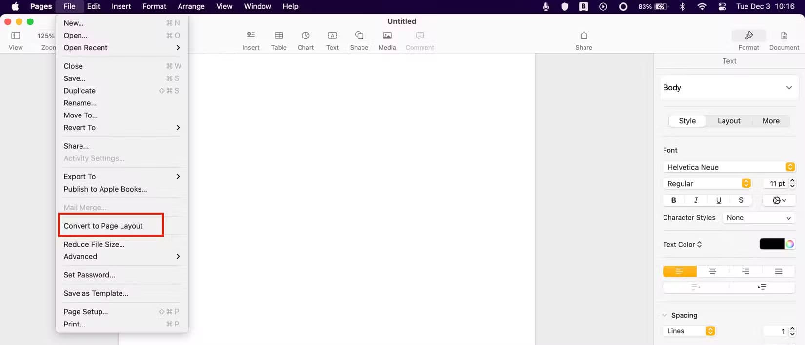 convert-to-page-layout-mode-in-pages كيف تتفوق Apple Pages على Google Docs في 7 جوانب رئيسية