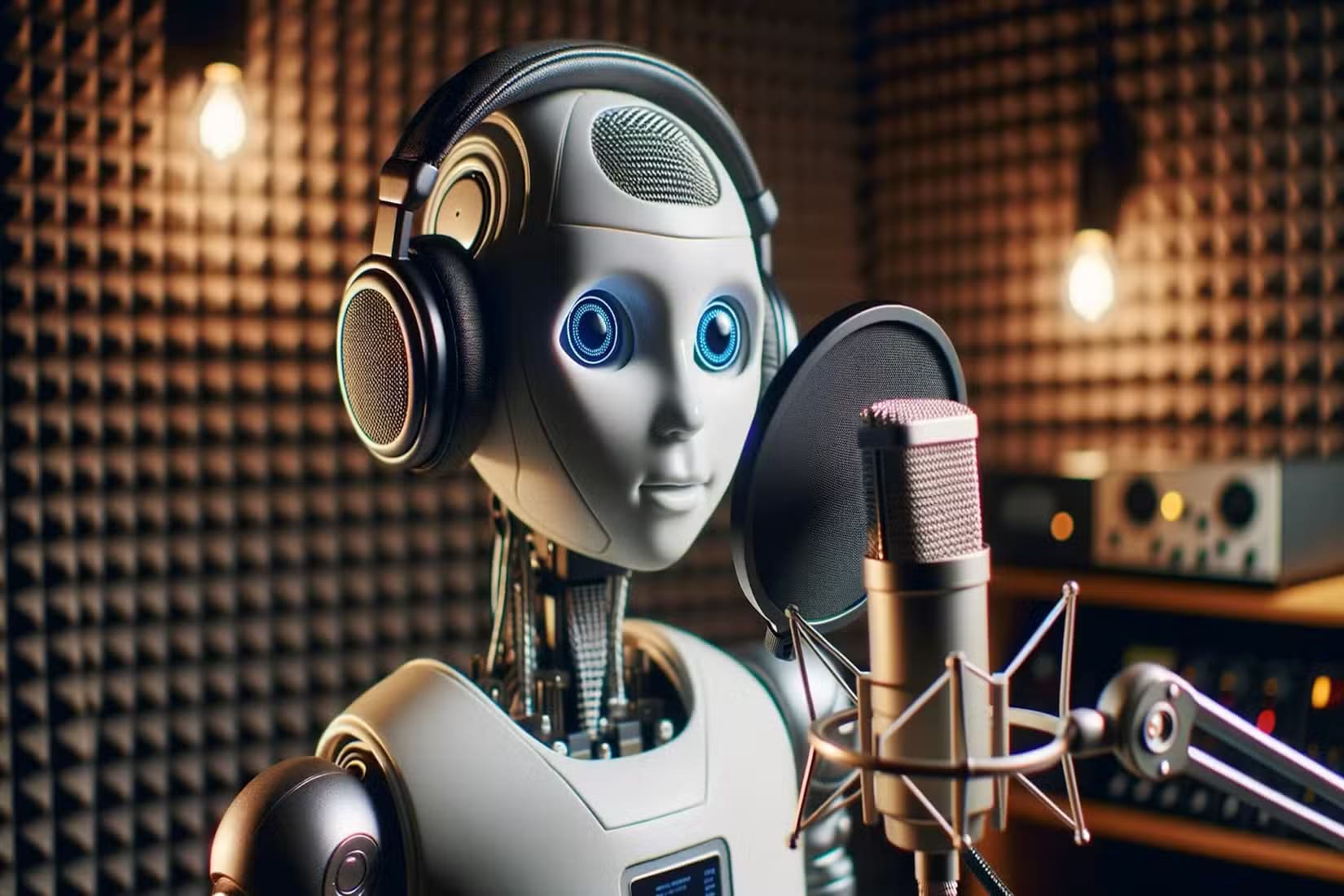 dall-e-2023-10-31-14-19-56-photo-of-a-humanoid-robot-resembling-the-design-aesthetics-of-chatgpt-in-a-recording-studio-booth-the-robot-is-speaking-into-a-high-end-microphone كيف تعمل روبوتات الدردشة المدعومة بالذكاء الاصطناعي وما هي استخداماتها المتنوعة