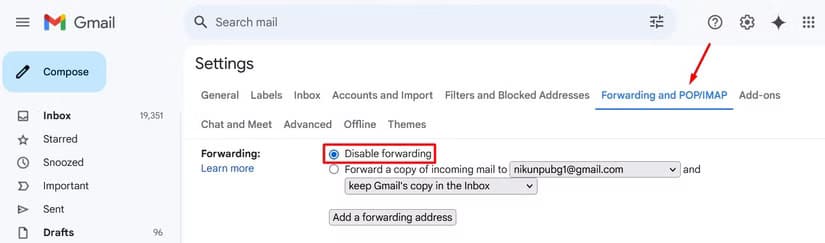 disable-forwarding-option-in-gmail طرق فعالة لحل مشكلة عدم تلقي رسائل البريد الإلكتروني في Gmail