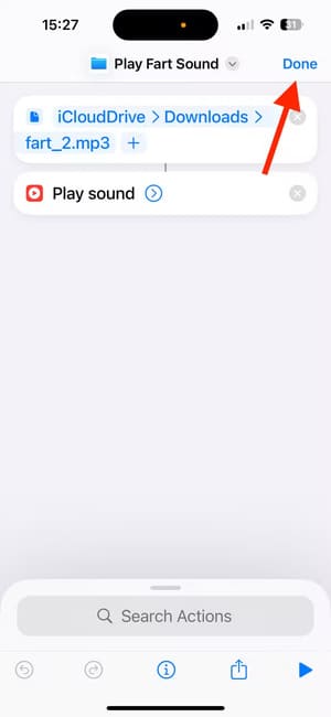 done-button-in-play-sound-shortcut-in-shortcuts-app-on-iphone طرق مبتكرة للاستفادة من اختصارات الصوت على iPhone
