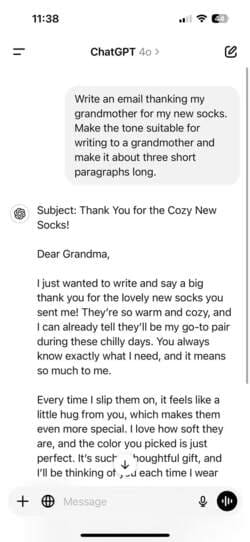 email-to-grandmother-response-part-one-in-chatgpt-app-on-iphone كيفية الاستفادة من روبوتات الدردشة الذكية لتنظيم رحلاتك والتسوق وإدارة المهام اليومية
