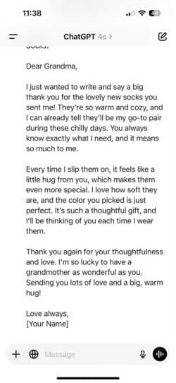 email-to-grandmother-response-part-two-in-chatgpt-app-on-iphone كيفية الاستفادة من روبوتات الدردشة الذكية لتنظيم رحلاتك والتسوق وإدارة المهام اليومية