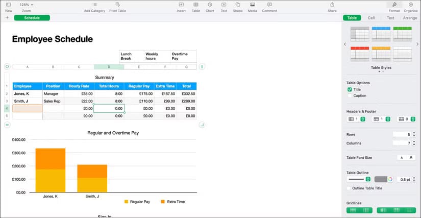 example-employee-schedule-apple-numbers-spreadsheet مزايا Apple Numbers التي تجعله خيارًا مميزًا عن Microsoft Excel