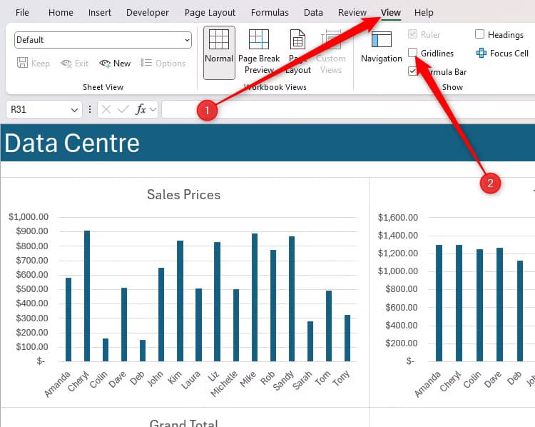 excel-s-gridlines-option-is-unchecked-in-the-view-tab-on-the-ribbon نصائح عملية لتحسين تنسيق مخططات Excel بشكل احترافي