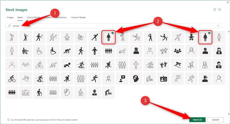 excel-s-icon-gallery-with-person-typed-into-the-search-box-male-and-female-icons-selected-and-the-insert-button-highlighted إضافة الصور والأيقونات إلى أعمدة المخططات في Excel بخطوات بسيطة