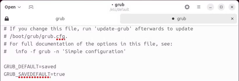 gnome-text-editor-with-the-grub2-configuration-file-showing-the-save-default-settings دليل شامل لتكوين إعدادات محمل التمهيد GRUB2 في أنظمة Linux