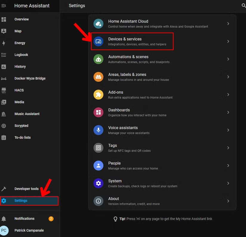 home-assistant-settings-devices-and-services طريقة توصيل مكبر صوت ذكي بمساعدك المنزلي بسهولة