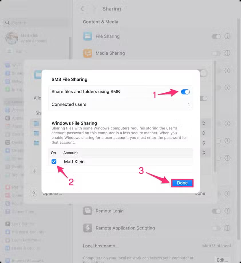 in-the-file-sharing-options-ensure-smb-file-sharing-is-on-and-you-enable-your-windows-file-sharing-account-1 أسهل الطرق لنقل الملفات بين أنظمة ماك ولينكس خطوة بخطوة
