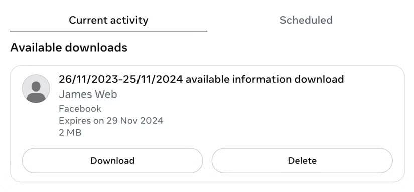 information-available-for-download-in-facebook طريقة حذف حساب فيسبوك نهائيًا بسهولة وخطوات مضمونة