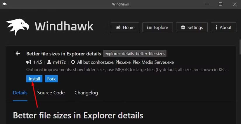 install-option-in-the-windhawk-app كيفية عرض حجم المجلد في مستكشف الملفات بنظام التشغيل Windows 11