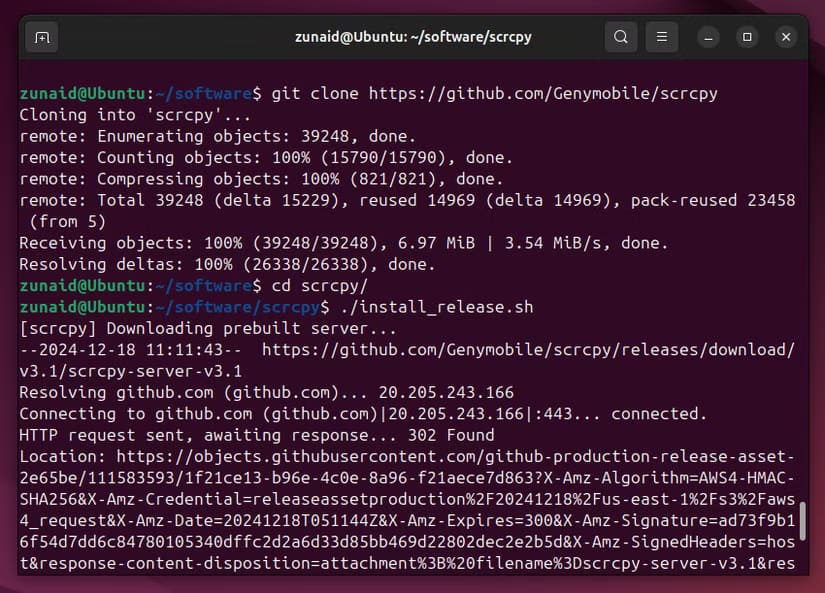 installing-scrcpy-on-linux-using-the-installation-script كيفية عكس شاشة هاتفك الأندرويد على نظام لينكس باستخدام أداة مجانية