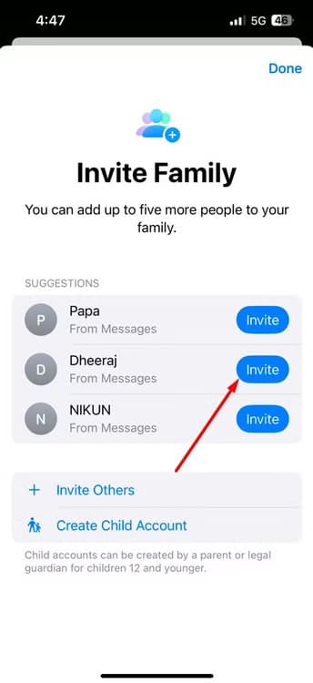 invite-option-in-the-iphone-family-sharing-window كيفية منع أطفالك من إجراء عمليات شراء غير مرغوب فيها على iPhone و iPad