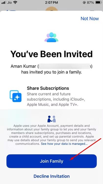 join-family-option-to-accept-family-sharing-invitation كيفية منع أطفالك من إجراء عمليات شراء غير مرغوب فيها على iPhone و iPad