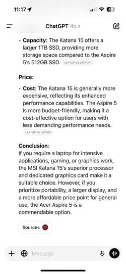 laptop-product-comparison-response-part-three-in-chatgpt-app-on-iphone كيفية الاستفادة من روبوتات الدردشة الذكية لتنظيم رحلاتك والتسوق وإدارة المهام اليومية