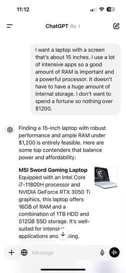 laptop-product-recommendation-response-part-one-in-chatgpt-app-on-iphone كيفية الاستفادة من روبوتات الدردشة الذكية لتنظيم رحلاتك والتسوق وإدارة المهام اليومية