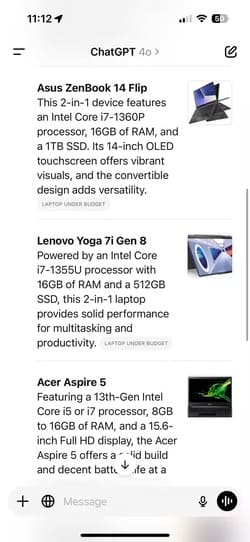 laptop-product-recommendation-response-part-two-in-chatgpt-app-on-iphone كيفية الاستفادة من روبوتات الدردشة الذكية لتنظيم رحلاتك والتسوق وإدارة المهام اليومية