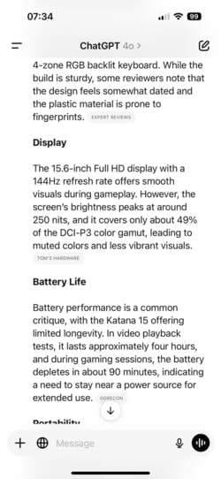 laptop-reviews-overview-response-part-two-in-chatgpt-app-on-iphone كيفية الاستفادة من روبوتات الدردشة الذكية لتنظيم رحلاتك والتسوق وإدارة المهام اليومية