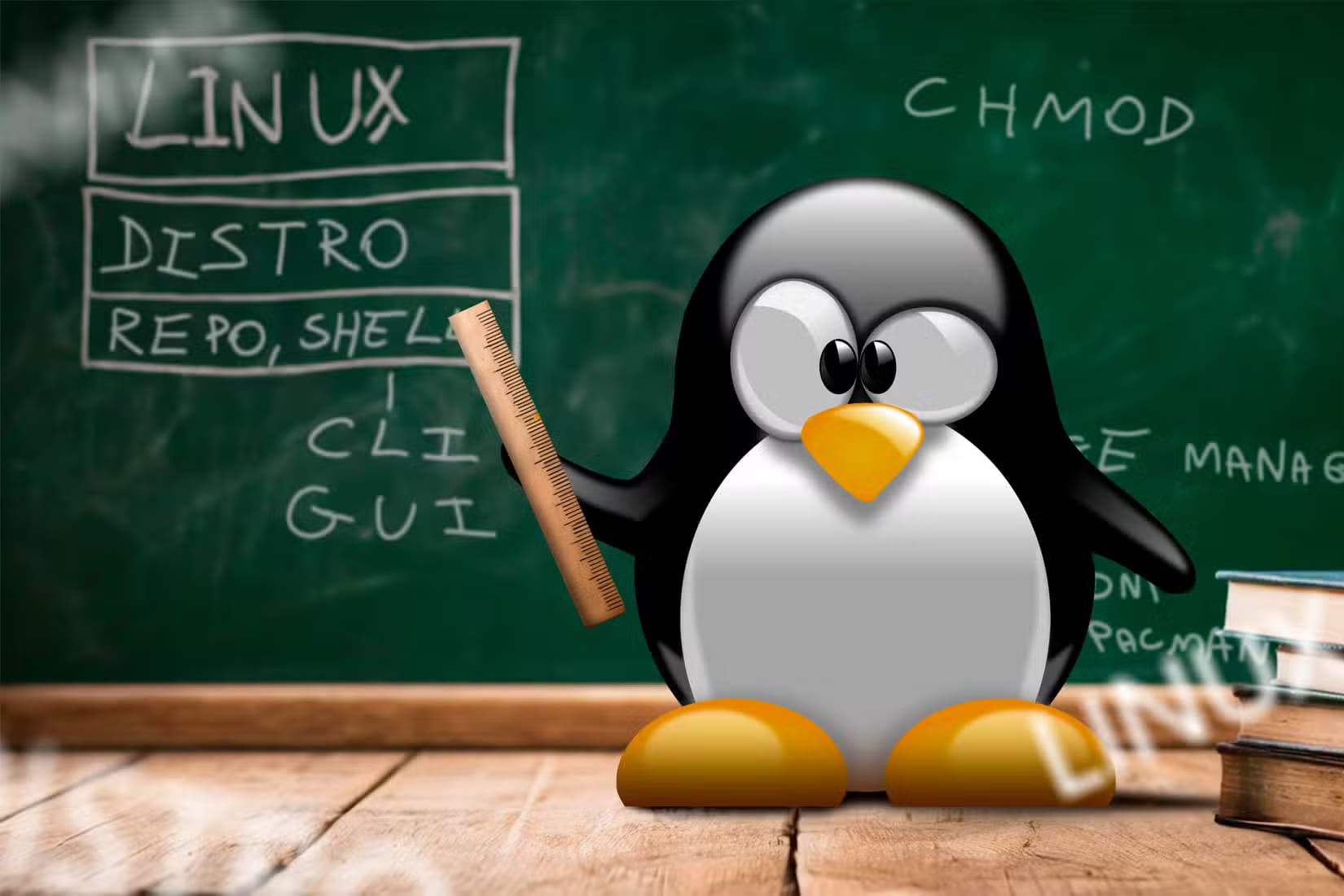linux-mascot-in-front-of-a-blackboard-teaching-some-linux-terms كيف تعرف أنك أصبحت خبيرًا في استخدام Linux؟ 5 إشارات مميزة