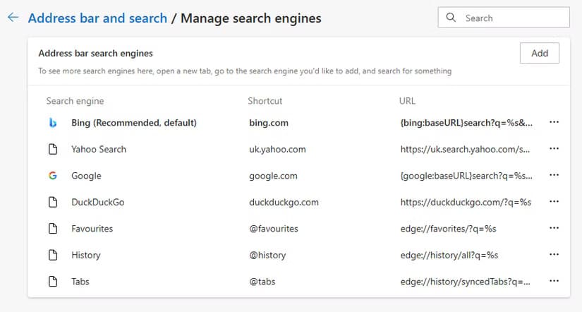 list-of-address-bar-search-engines-in-edge خطوات تعديل محرك البحث في Microsoft Edge لاستخدام Google