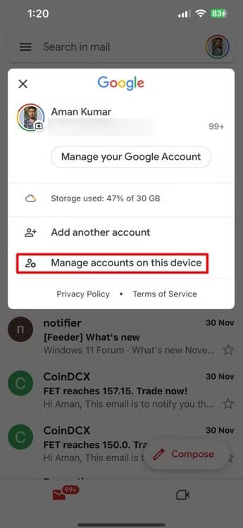 manage-accounts-on-this-device-option-in-gmail طرق فعالة لحل مشكلة عدم تلقي رسائل البريد الإلكتروني في Gmail