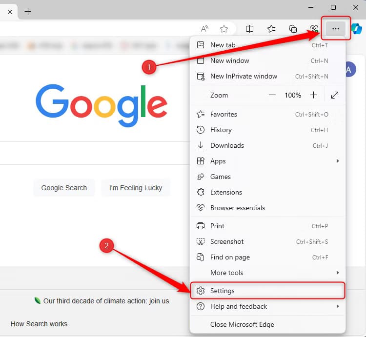microsoft-edge-settings-accessed-via-the-three-dots-in-the-top-right-corner خطوات تعديل محرك البحث في Microsoft Edge لاستخدام Google