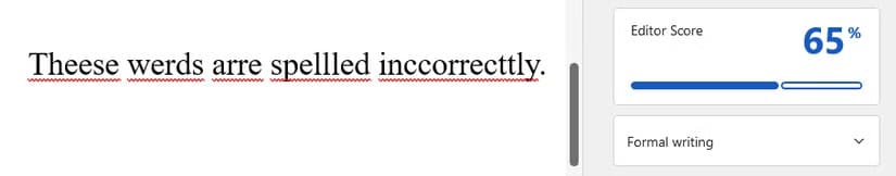 microsoft-editor-showing-a-score-of-65-due-to-words-being-mistyped-or-misspelled ما مدى كفاءة ودقة محرر Microsoft في تحسين الكتابة؟