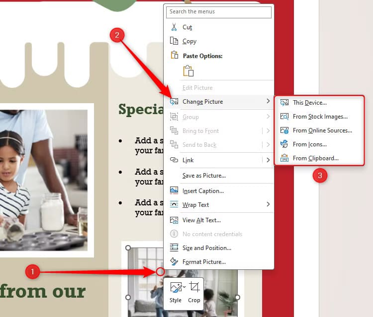 microsoft-word-s-christmas-newsletter-template-with-the-right-click-menu-on-a-picture-showing-the-change-picture-options كيفية الاستفادة من تطبيقات Microsoft لتبسيط الاحتفالات