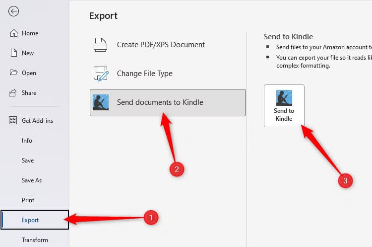 microsoft-word-s-file-menu-opened-with-export-send-documents-to-kindle-and-send-to-kindle-selected 5 حيل رائعة في Microsoft Word ستجعل عملك أسهل وأسرع