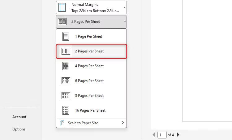 microsoft-word-s-printing-menu-with-the-option-to-print-two-pages-on-one-sheet-selected خطوات تصميم بطاقة عيد مميزة باستخدام Microsoft Word