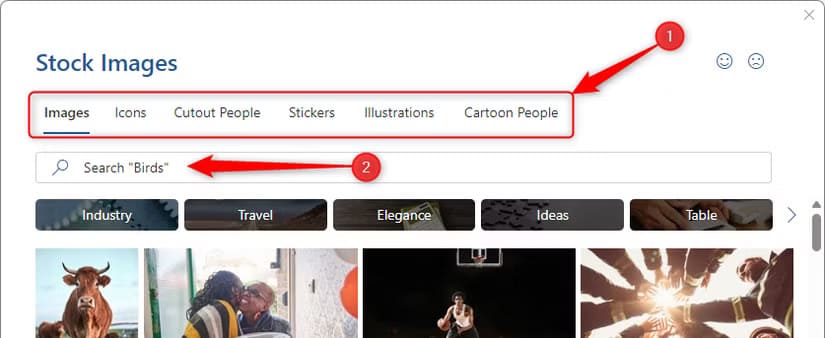 microsoft-word-s-stock-images-gallery-with-the-tabs-and-search-bar-highlighted 5 حيل رائعة في Microsoft Word ستجعل عملك أسهل وأسرع