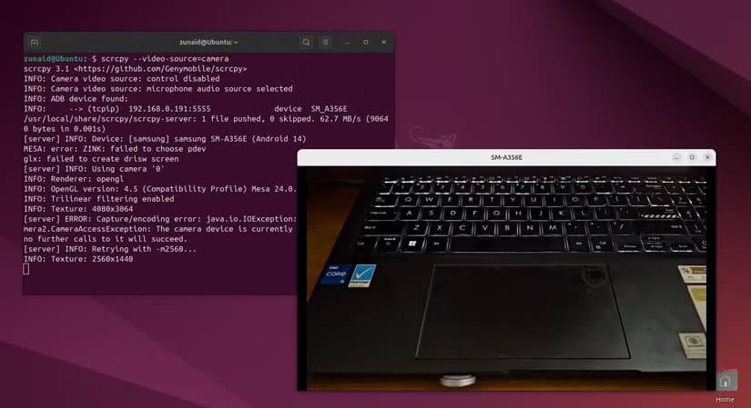 mirroring-android-phone-s-camera-on-linux-using-scrcpy كيفية عكس شاشة هاتفك الأندرويد على نظام لينكس باستخدام أداة مجانية