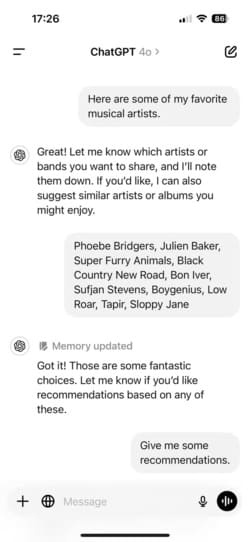 music-recommendation-in-the-chatgpt-app-on-iphone-screenshot-1 طريقة فعالة لاستخدام ChatGPT للحصول على توصيات مخصصة للكتب والأفلام والموسيقى