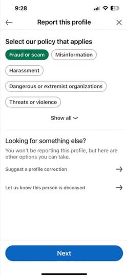 next-option-in-linkedin خطوات الإبلاغ عن الحسابات المخالفة على Instagram وFacebook