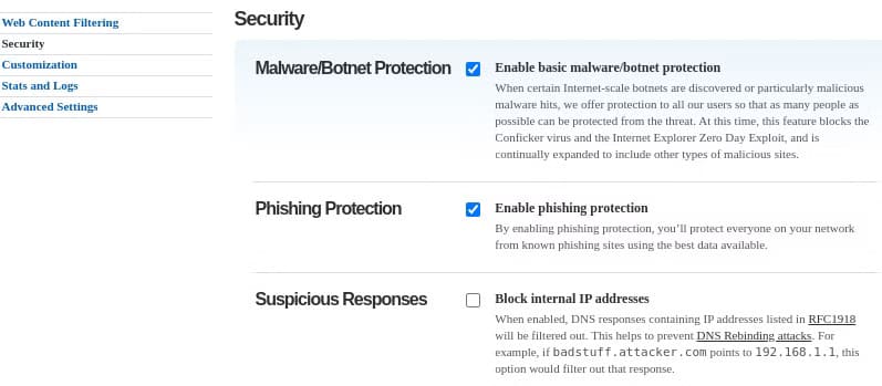 opendns-security-settings-with-their-explanations اختيار خادم DNS البديل لتحسين سرعة الإنترنت