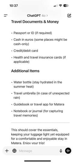 packing-checklist-response-part-three-in-chatgpt-app-on-iphone كيفية الاستفادة من روبوتات الدردشة الذكية لتنظيم رحلاتك والتسوق وإدارة المهام اليومية