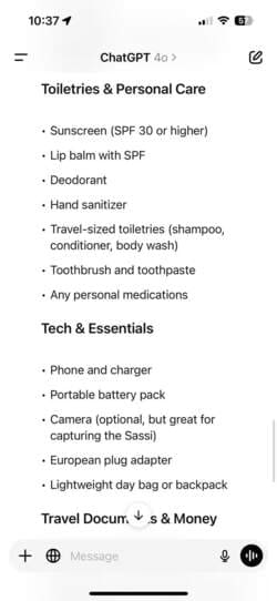 packing-checklist-response-part-two-in-chatgpt-app-on-iphone كيفية الاستفادة من روبوتات الدردشة الذكية لتنظيم رحلاتك والتسوق وإدارة المهام اليومية