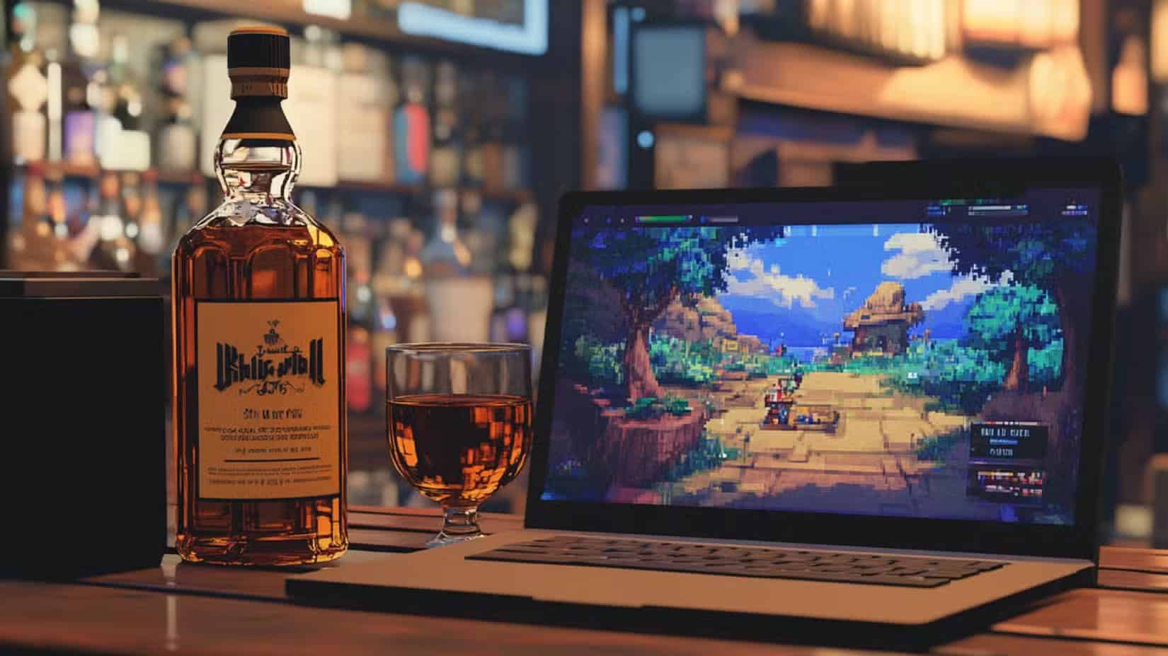 pixel-art-of-a-macbook-standing-next-to-a-bottle-of-whiskey-on-a-table-the-mac-has-a-video-game-on-its-screen أهم الدروس المستفادة من تجربة الألعاب اليومية