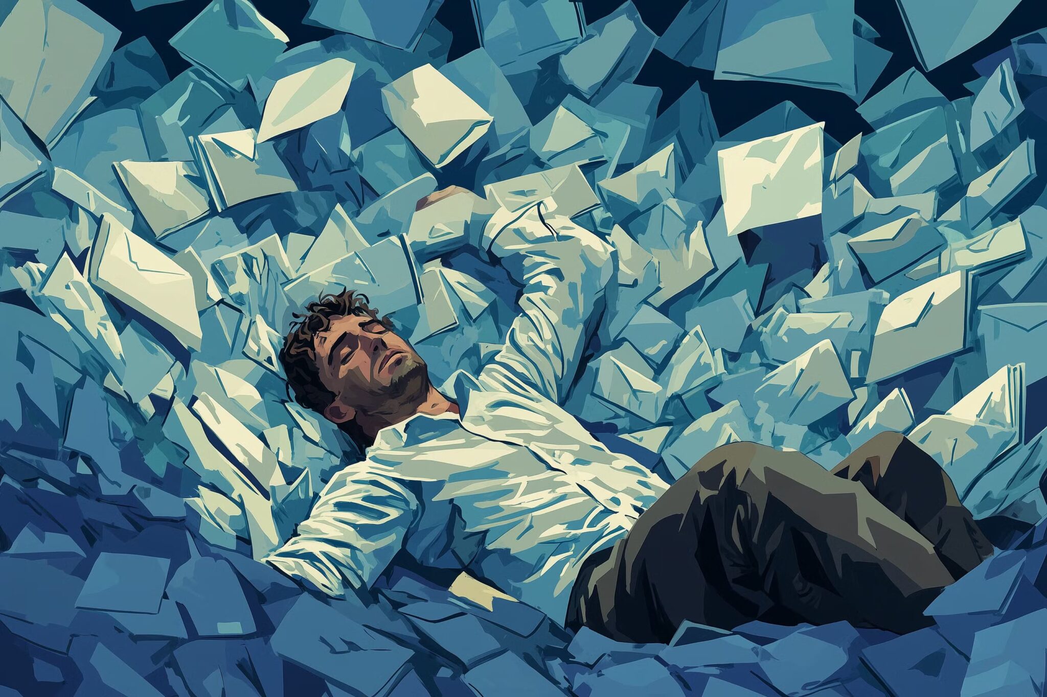 pixel-art-of-a-man-buried-under-a-huge-pile-of-envelopes-scaled أخطاء شائعة في Gmail قد تعرض وظيفتك للخطر وكيف تتجنبها