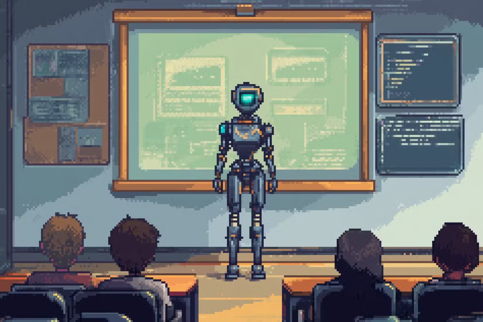 pixel-art-of-a-robot-teacher طرق مبتكرة لاستخدام روبوتات الذكاء الاصطناعي في حياتك اليومية