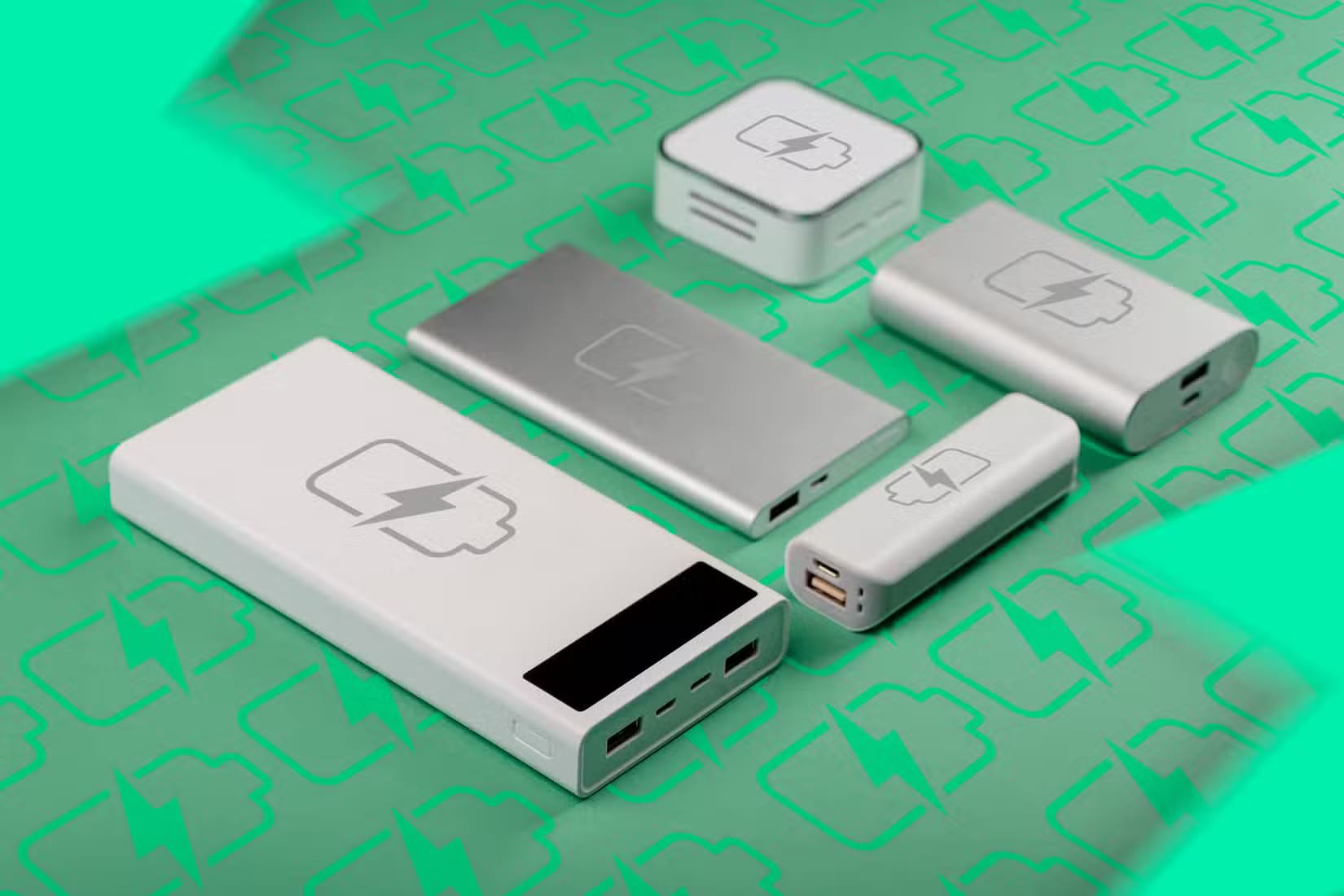 power-banks-on-a-green-background-with-a-lot-of-battery-charging-icons أفضل 11 هدية لأصحاب هواتف iPhone سيحبون استخدامها