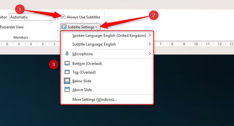 powerpoint-s-always-use-subtitles-box-is-checked-and-the-subtitle-settings-drop-down-is-expanded طرق عملية لتصميم عروض PowerPoint تجذب كل الجمهور وتزيد من التفاعل