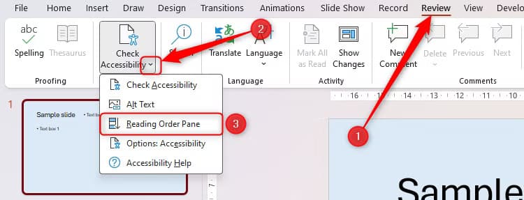 powerpoint-s-reading-order-pane-is-selected-in-the-check-accessibility-drop-down-in-the-review-tab طرق عملية لتصميم عروض PowerPoint تجذب كل الجمهور وتزيد من التفاعل