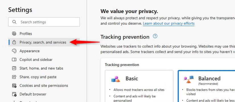 privacy-search-and-services-on-edge-s-settings-menu خطوات تعديل محرك البحث في Microsoft Edge لاستخدام Google